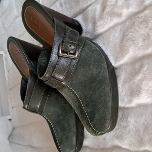 Cole Haan Buckle Green Suede Leather Mules Wedge Clogs Slides SZ 9B